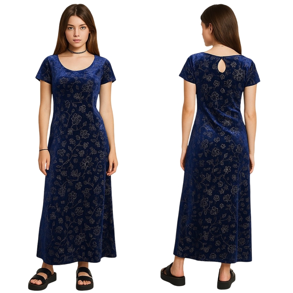 NO BOUNDARIES Dress Juniors Large Royal Blue Velvet Floral Maxi 90s Y2K Fairy